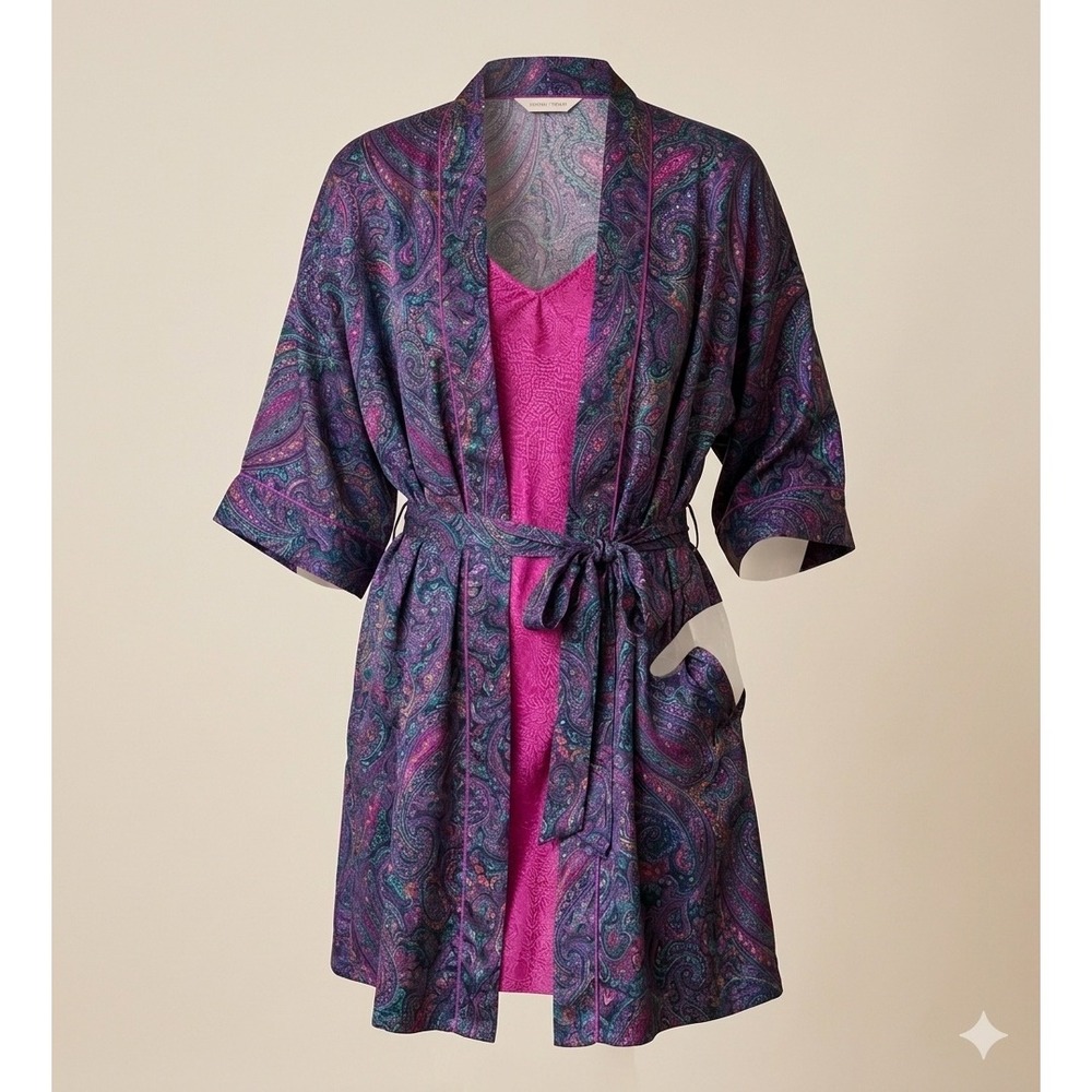 JO Intimates VTG‎ 90s L Robe Chemise Set Hot Pink Navy Blue Paisley Satin Short